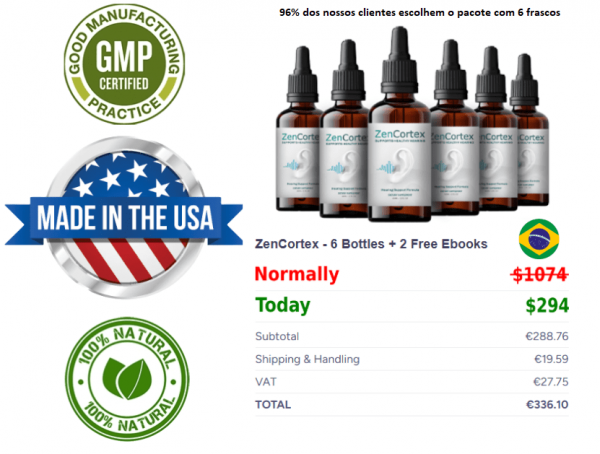 Frascos de ZenCortex com selos "Feito nos EUA", "100% Natural" e "GMP", com bandeira do Brasil ao lado.