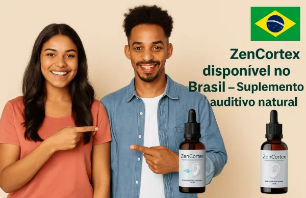 Dois jovens brasileiros segurando suplemento ZenCortex com bandeira do Brasil no canto superior direito.